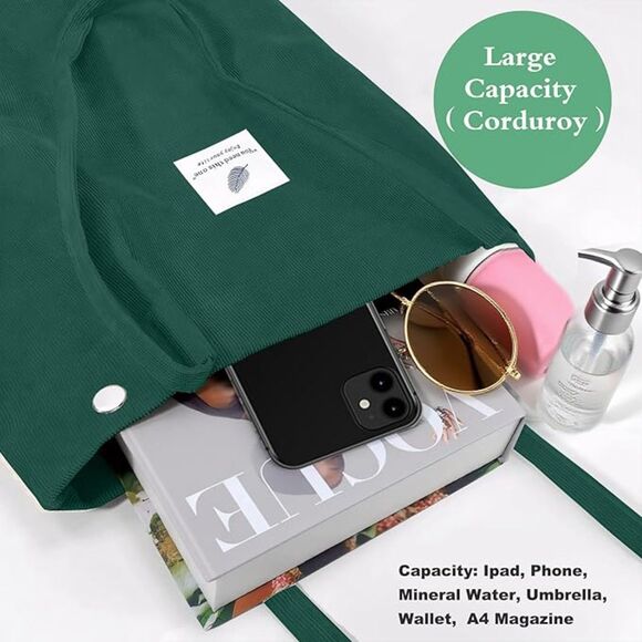 Women Green Imported Corduroy Small Canvas Shoulder Handy Tote Bag - Picture 2 of 4
